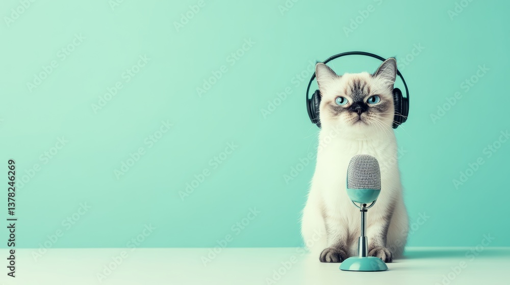 Funny cat wearing headphones and sitting with microphone ready to podcast on blue background