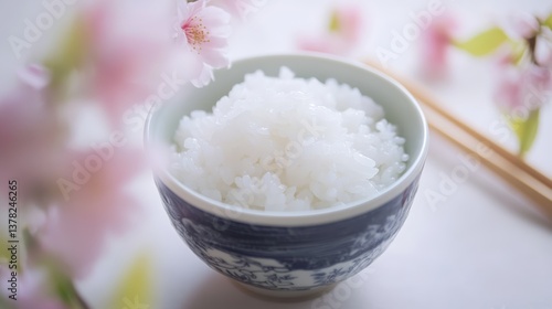 A visually appealing image of a bowl filled with fluffy white rice is enhanced by delicate cherry blossoms, complemented by chopsticks