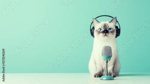 Obraz na płótnie Funny cat wearing headphones and sitting with microphone ready to podcast on blue background w salonie