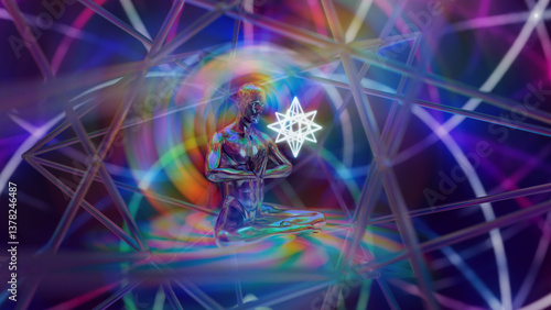 3d illustration of the interaction of the energy of prayer of a person meditating on merkabah