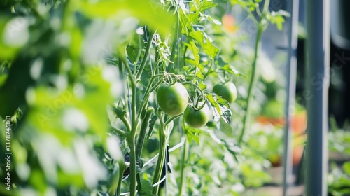 Close-up of vibrant green tomatoes ripening on the vine within a sunlit garden, showcasing the beauty of fresh, organic produce.