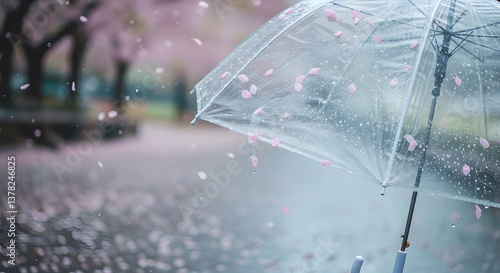 Transparent Umbrella on Rainy Street with Fallen Cherry Blossoms