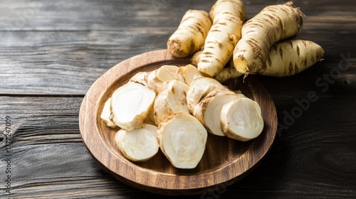 showcasing the unique texture and subtle flavors of Jerusalem artichokes, cut and ready to enjoy on a rustic wooden plate.