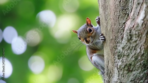 A charming grey squirrel curiously peeks out from behind a tree trunk, observing its surroundings with bright, inquisitive eyes.