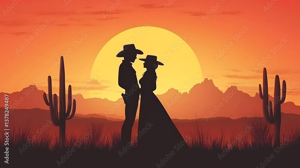 Sunset Romance Cowboy Couple with Desert.