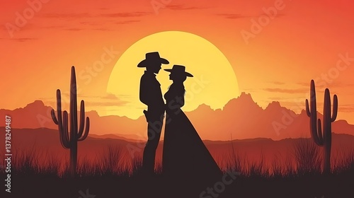 Obraz na płótnie Sunset Romance Cowboy Couple with Desert. w salonie