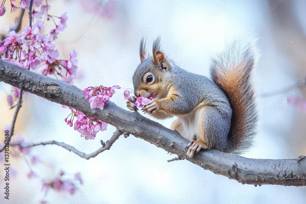 Fototapeta premium Squirrel Gathering Blossoms A squirrel perched on a tree branch, holding a small flower in its paws.