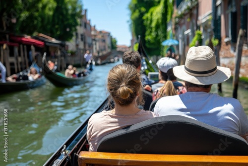 Experience the tranquility of Venice while enjoying a gondola ride. This captivating scene showcases tourists taking in the beauty of the canals under a bright blue sky.