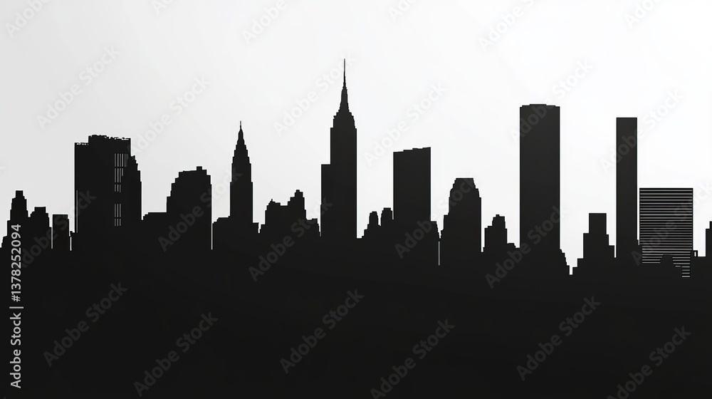 Naklejka premium Modern city skyline silhouette at dusk with skyscrapers and high-rise buildings. Urban landscape with futuristic architecture glowing horizon. Metropolitan scenery with business district silhouettes