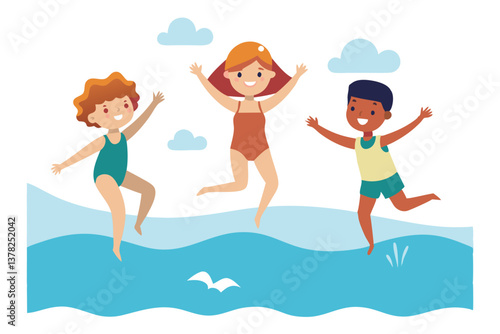 Cheerful Diverse Children Jumping on Water Waves, Isolated on a White Background