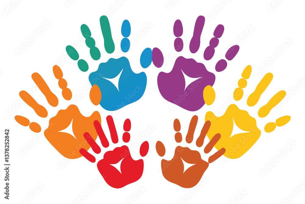 Obraz premium Colorful Handprints Circle on White, Vivid Diverse Palm Prints, Community Symbol