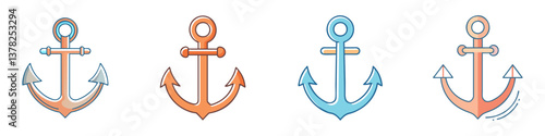 Collection of Four Colorful Anchors Nautical Seafaring Marine Symbols