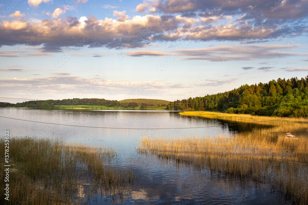 Obraz premium A lake with a cloudy sky in the background