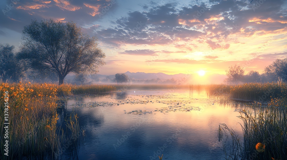 Obraz premium Serene Lake Reflecting Sunrise with Meadow and Trees on Shoreline