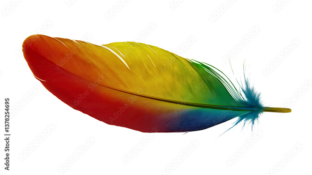 Fototapeta premium A classic parrot feather in vibrant, multicolored hues, a beautifully colorful feather on a transparent background.