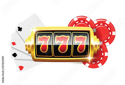 Casino illustration. Slot machine, cards and red chips. Vector llustration isolated on white background.
