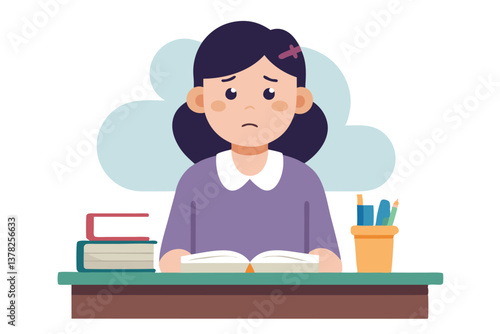Flat of Sad Girl Reads Book at Desk with Books and Pencil Holder