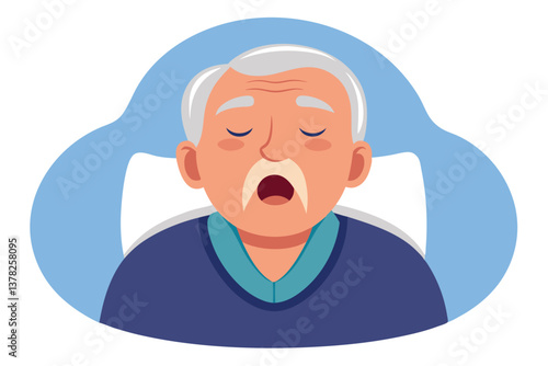 Gray Haired Old Man Sleeping Soundly in Bed Cartoon Character with Closed Eyes
