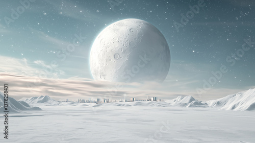 Futuristic city on snow-covered moon with energy shield