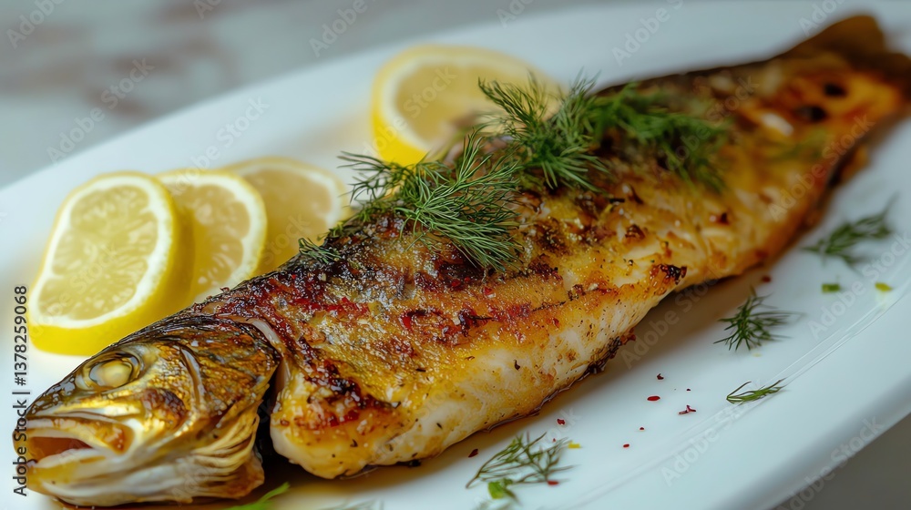 A beautifully plated steelhead trout fillet with golden A beautifully plated steelhead trout fillet with golden