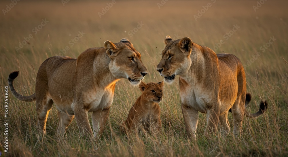 Fototapeta premium Lionesses and Cub at Golden Hour