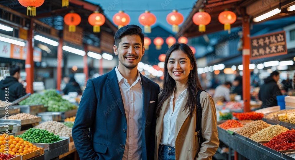 Obraz premium Happy young couple in lively Asian food market at dusk background portrait photo 