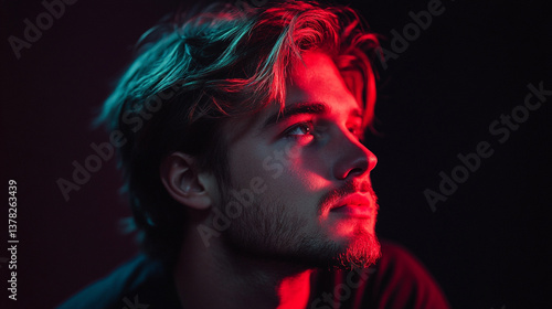 Man with beard and wavy hair illuminated by red and teal lighting against a dark background looking up