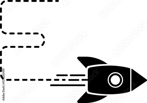 A rocket icon with a dashed line trail forming an E-shaped curve.