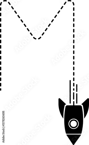 A rocket icon with a dashed line trail forming an M-shaped curve.