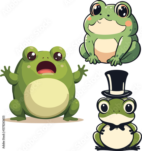 Set of Cartoon Frogs with Various Expressions and Accessories