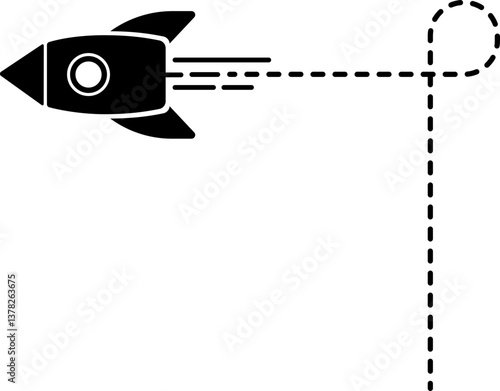 A rocket icon with a dashed line trail forming a curved and looped path.