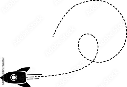 A rocket icon with a dashed line trail forming a curved path.