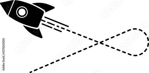 A rocket icon with a dashed line trail crossing over itself.