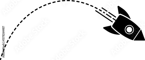 Icon of a rocket with a rounded dashed line trail showing its launch path.