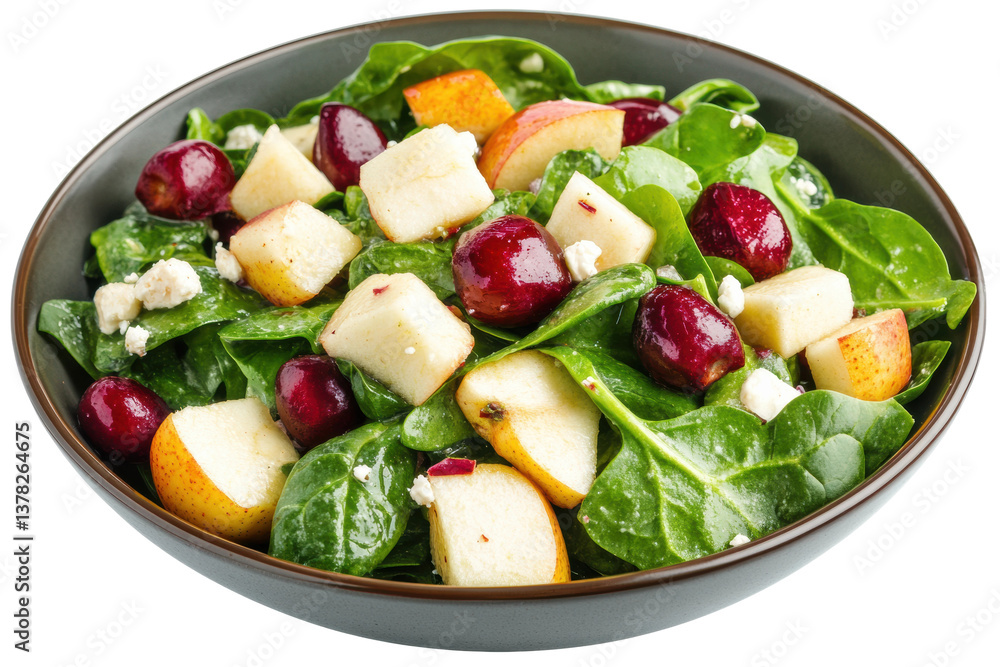 Fresh spinach salad with apple, pear, cherry, and feta, cut out Fresh spinach salad with apple, pear, cherry, and feta, cut out
