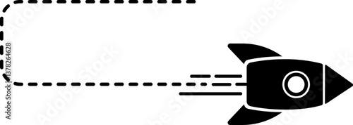 Icon of a rocket with a straight and curved dashed line trail with turns representing its launch path.