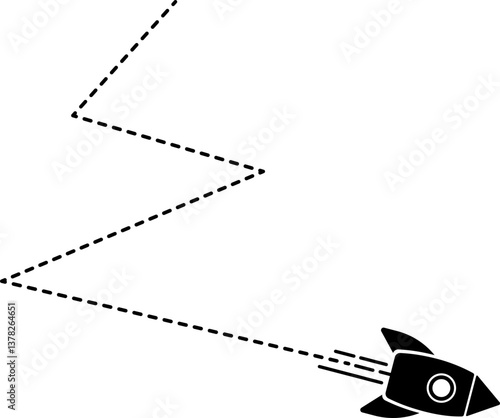 Icon of a rocket with an irregular zigzag dashed line trail illustrating its launch path.