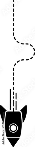 Icon of a rocket with a single wavy dashed line trail combined with straight lines representing its launch path.