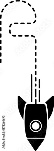 Icon of a rocket with a dashed line trail featuring one big and one small curve.