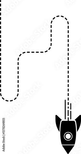 Icon of a rocket with a dashed line trail featuring rounded curves illustrating its launch path.