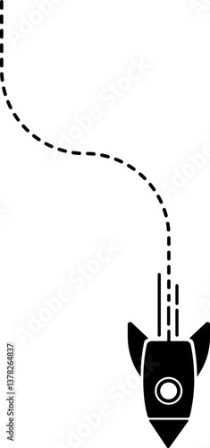 Icon of a rocket with a dashed line trail featuring curves and changes in direction.