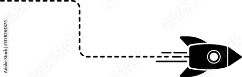 Icon of a rocket with a dashed line trail in a curved shape representing its launch path.