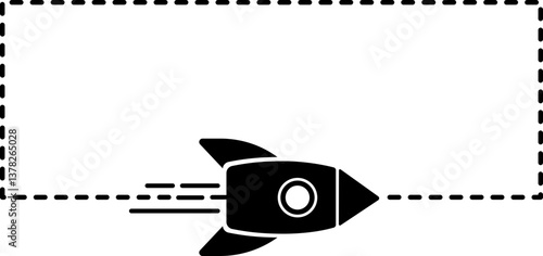 Icon of a rocket with a dashed line trail featuring geometric rectangle corners.