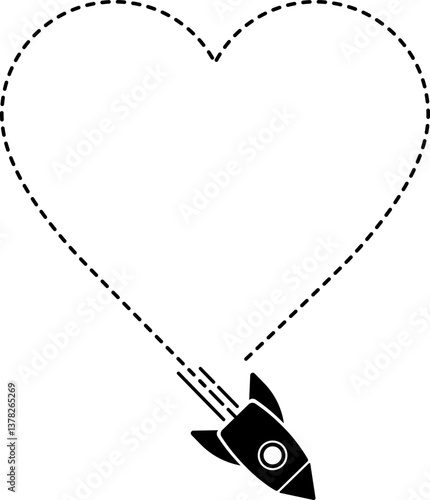 Rocket icon with a dashed line trail forming a heart shape.