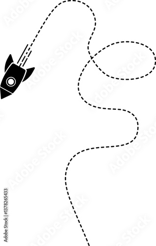 Rocket icon with a dashed line trail forming one loop and curves.