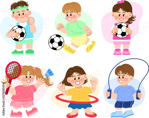 children's sports activities. Kids play soccer, badminton, hula hoop, and jump rope. Vector illustration. a white background.