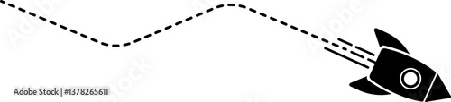 Rocket icon with a dashed line trail forming a rounded corner zigzag.