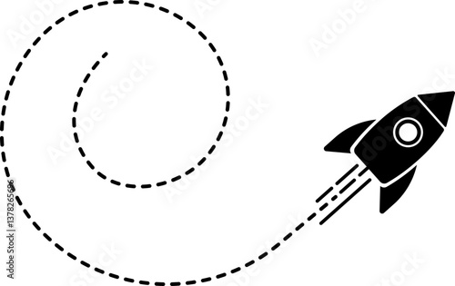 Rocket icon with a dashed line trail forming a spiral round shape.