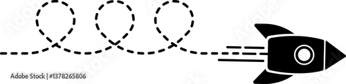 Rocket icon with a dashed line trail forming three loops and curves.