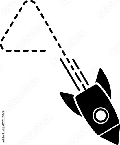 Rocket icon with a dashed line trail forming a triangle shape with rounded corners.
